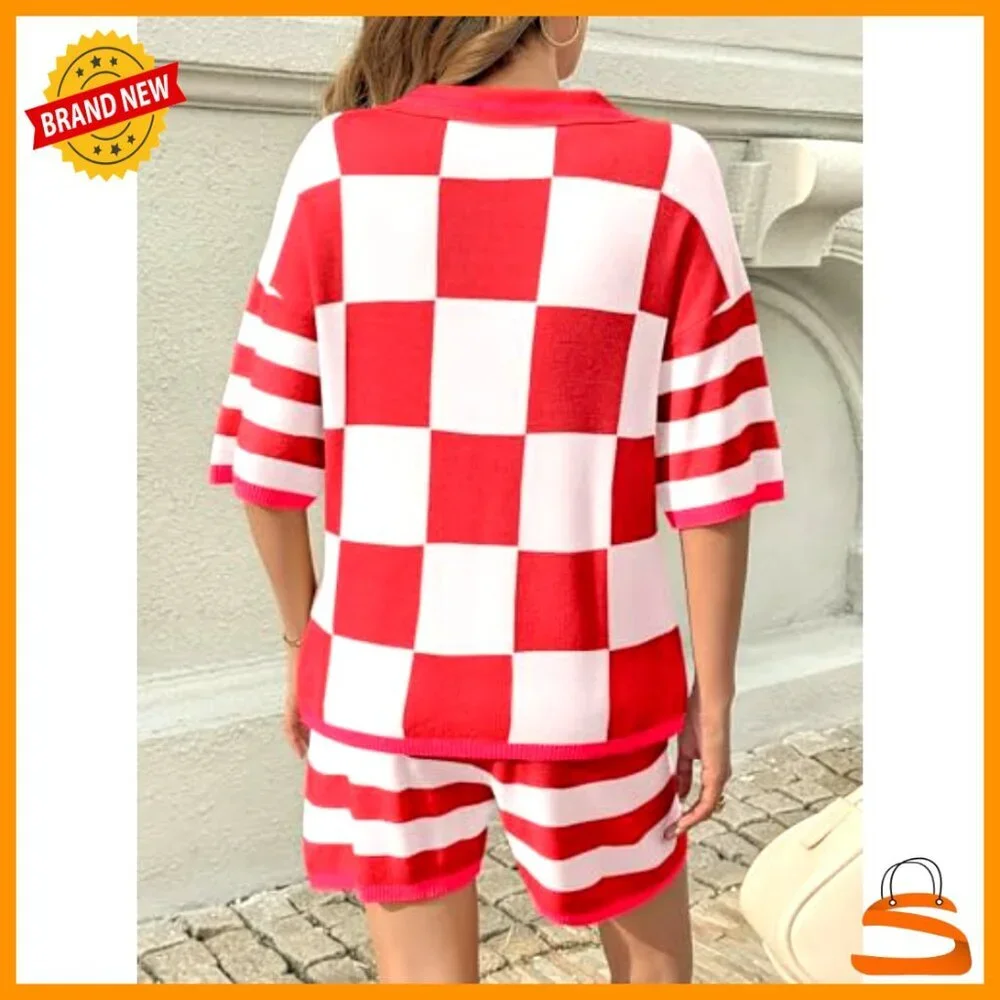 Medium Knit Lounge Set V-Neck Top Shorts Matching 2-Piece Outfit